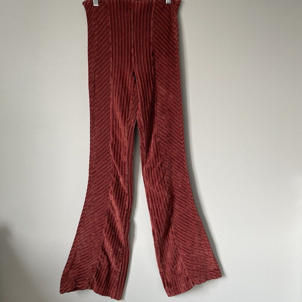 Free People Velvet Boho Ribbed High Rise Flare Pants Burgundy Red Size XS